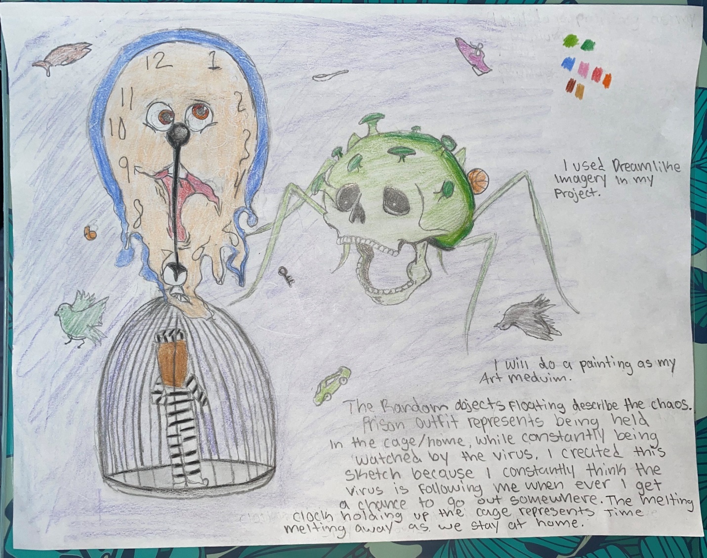 Figure B2: Middle school student (Grade eight, age 13-14) artwork rough draft of an assignment of what it felt like to being in the COVID-19 pandemic and not able to come to school, in spring 2020. The reflection or artist’s statement is written on the artwork in this ‘first draft’ and prior to teacher input.